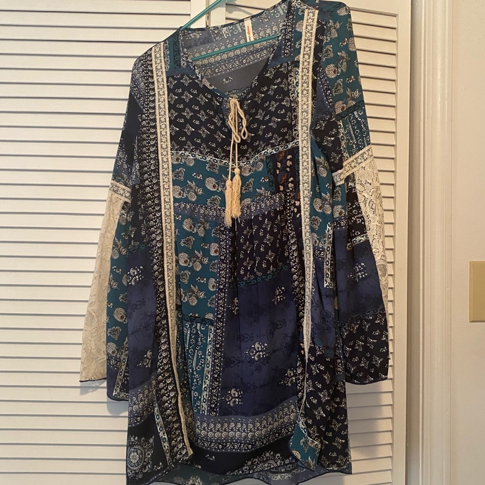 Boho orange creek navy white lace tassel dress size L!